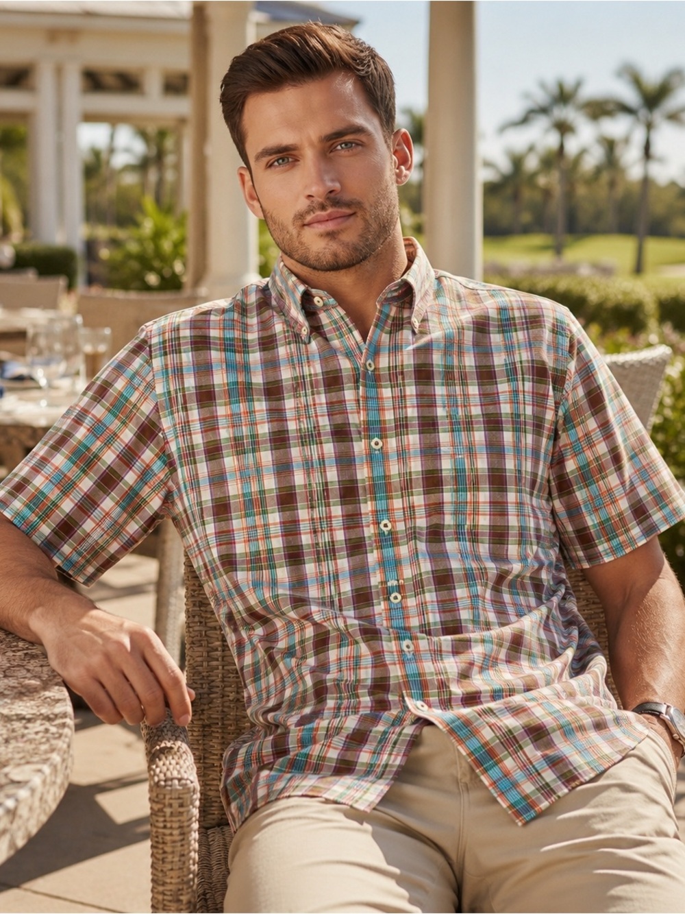 Peter Millar Men’s XL Multicolor Plaid Cotton Button Down Shirt Short Sleeve